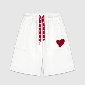 B.Sure White Red Heart Drawstring Casual Shorts